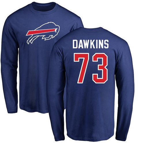 Men NFL Buffalo Bills #73 Dion Dawkins Royal Blue Name and Number Logo Long Sleeve T Shirt